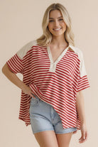 Haptics Collared Notch Neck Red Stripe Color Block Top