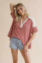 Haptics Collared Notch Neck Red Stripe Color Block Top