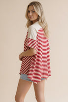 Haptics Collared Notch Neck Red Stripe Color Block Top