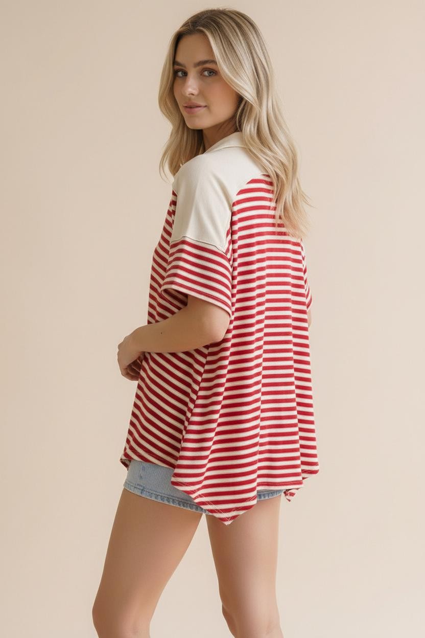 Haptics Collared Notch Neck Red Stripe Color Block Top
