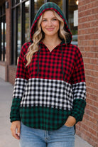 Haptics Color Block Plaid Woven Top with Hoodie