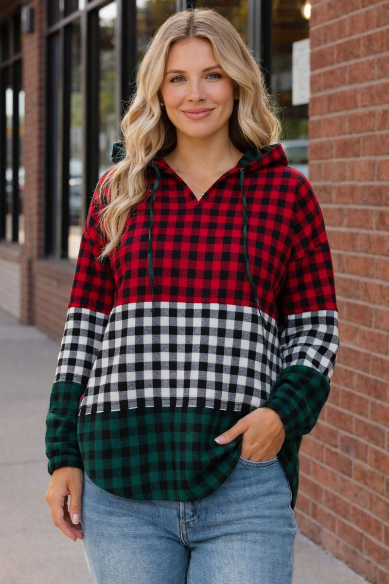 Haptics Color Block Plaid Woven Top with Hoodie – Ruby Idol Apparel