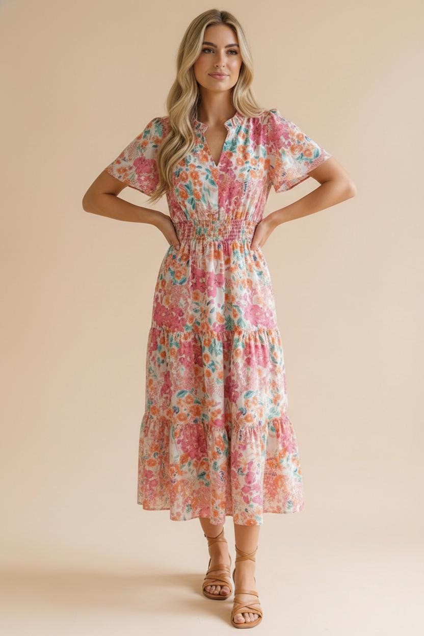 Haptics Coral Notch Neck Smocked Waist Maxi Floral Dress