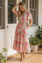 Haptics Coral Notch Neck Smocked Waist Maxi Floral Dress