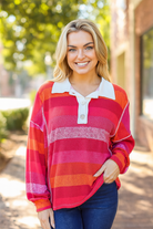 Haptics Days Striped Collared Reverse Seem Placket Long Sleeve Top