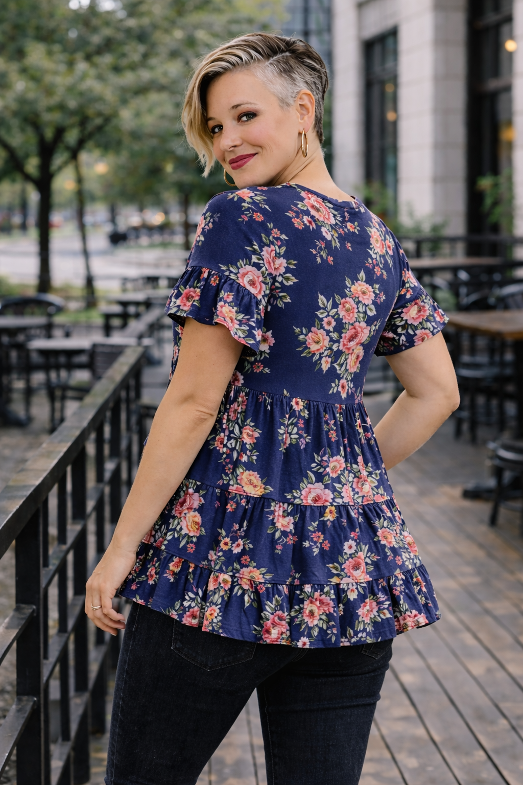 Haptics Frill Hem Babydoll Swing Floral Knit Top