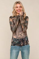 Haptics High Neck Line Camouflage Mesh Semi Sheer Top