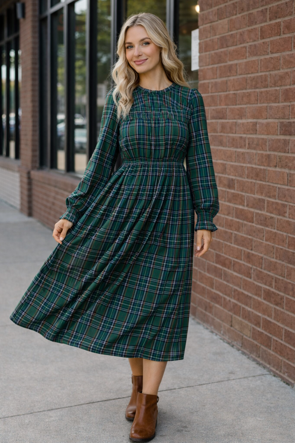 Haptics Hunter Green Midi Plaid Dress with Side Pockets