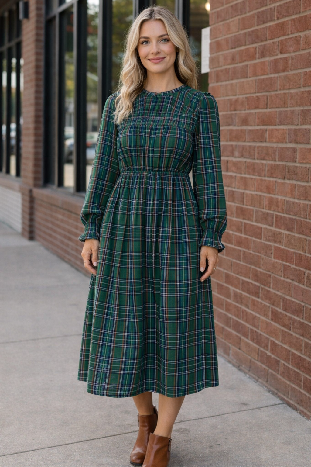 Haptics Hunter Green Midi Plaid Dress with Side Pockets