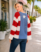 Haptics Long Sleeve Star And Stripe Crochet Sweater