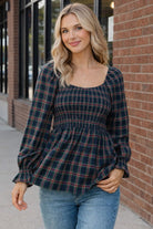 Haptics Navy & Hunter Green Smocking V-Neck Babydoll Plaid Woven Top