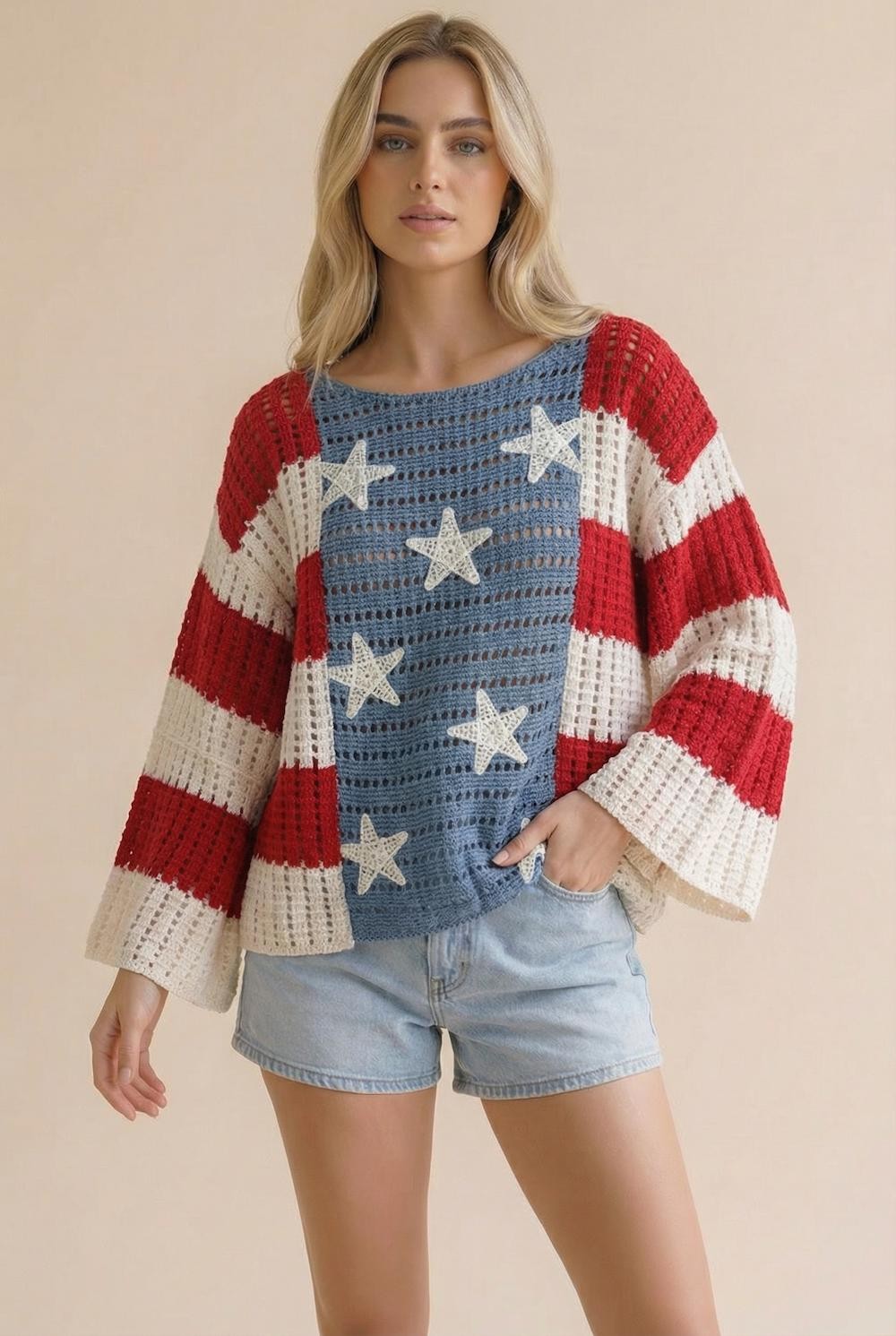 Haptics Long Sleeve Star And Stripe Crochet Sweater