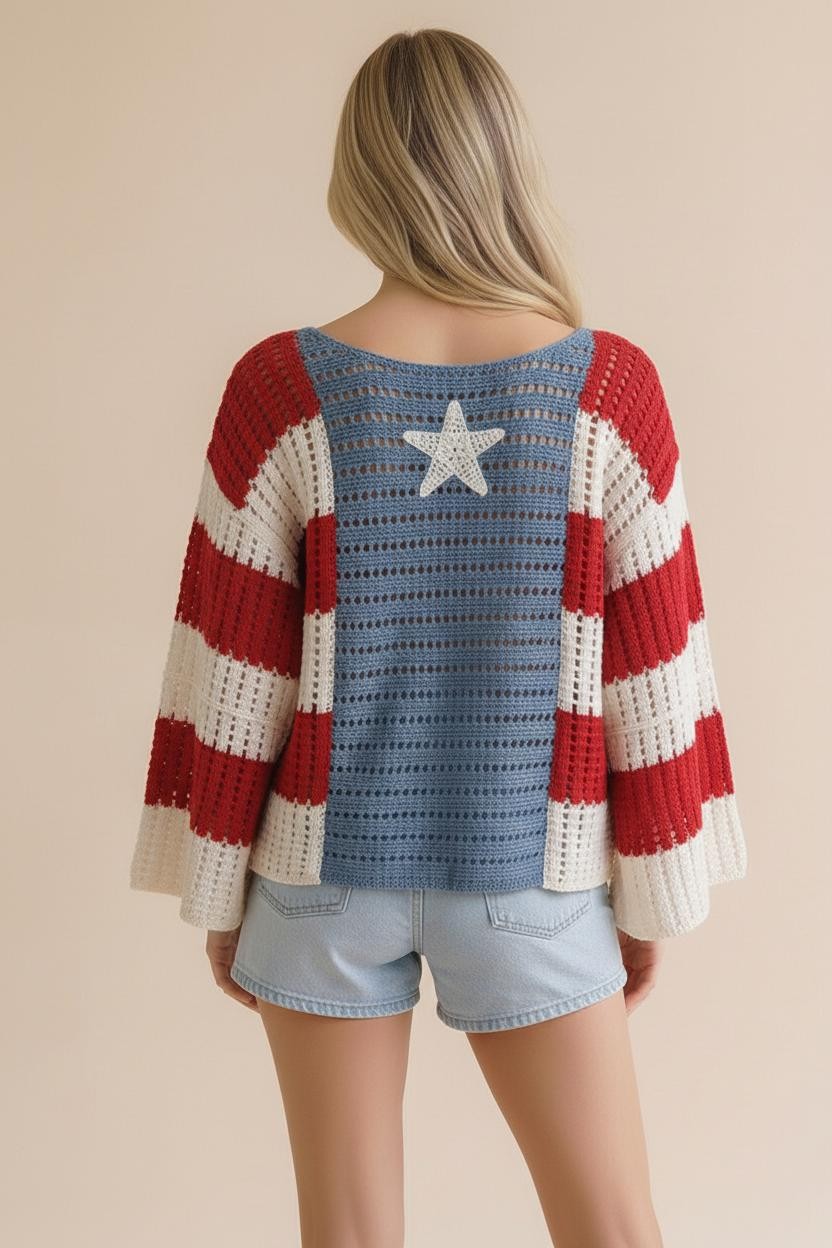 Haptics Long Sleeve Star And Stripe Crochet Sweater
