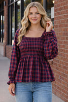 Haptics Red & Blue Smocking V-Neck Babydoll Plaid Woven Top