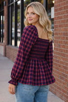 Haptics Red & Blue Smocking V-Neck Babydoll Plaid Woven Top