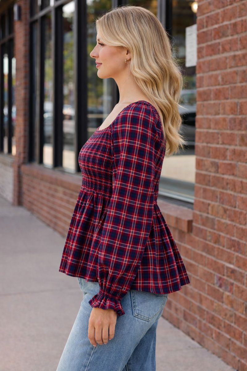 Haptics Red & Blue Smocking V-Neck Babydoll Plaid Woven Top
