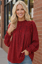 Haptics Red Frilled Mock Neck Gingham Check Woven Blouse