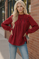 Haptics Red Frilled Mock Neck Gingham Check Woven Blouse