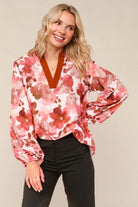 Haptics Rust Mix Frill Neck Floral Print Long Sleeve Blouse