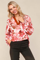 Haptics Rust Mix Frill Neck Floral Print Long Sleeve Blouse