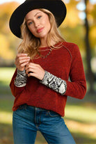 Haptics Rust Textured Aztec Outseam Reverse Stitch Long Sleeve Top $6.95