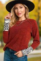 Haptics Rust Textured Aztec Outseam Reverse Stitch Long Sleeve Top $6.95