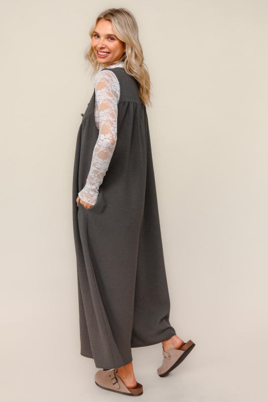 Haptics Solid Front Ribbon Detail Baggy Jumpsuit in Charcoal