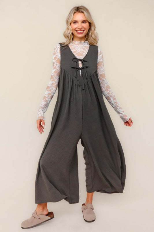 Haptics Solid Front Ribbon Detail Baggy Jumpsuit in Charcoal