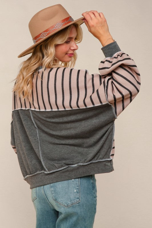 Haptics Stripe Mocha & Charcoal Crew Neck Loose Fit Knit Pullover