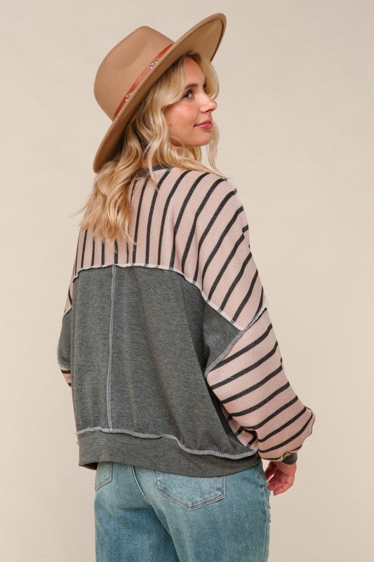 Haptics Stripe Mocha & Charcoal Crew Neck Loose Fit Knit Pullover