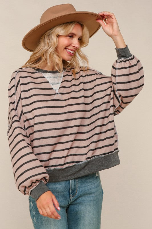 Haptics Stripe Mocha & Charcoal Crew Neck Loose Fit Knit Pullover