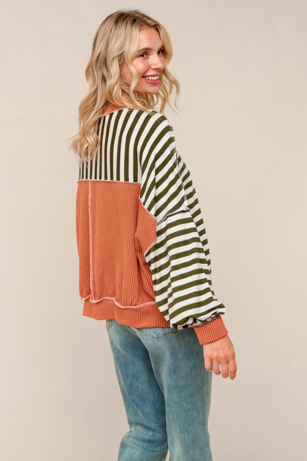 Haptics Stripe Olive & Rust Crew Neck Loose Fit Knit Pullover