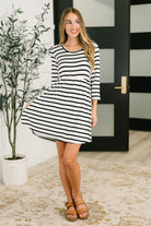 Heimish Haute Mess Scooped Hem Casual Dress in Black and White Striped Womens