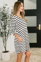 Heimish Haute Mess Scooped Hem Casual Dress in Black and White Striped Womens