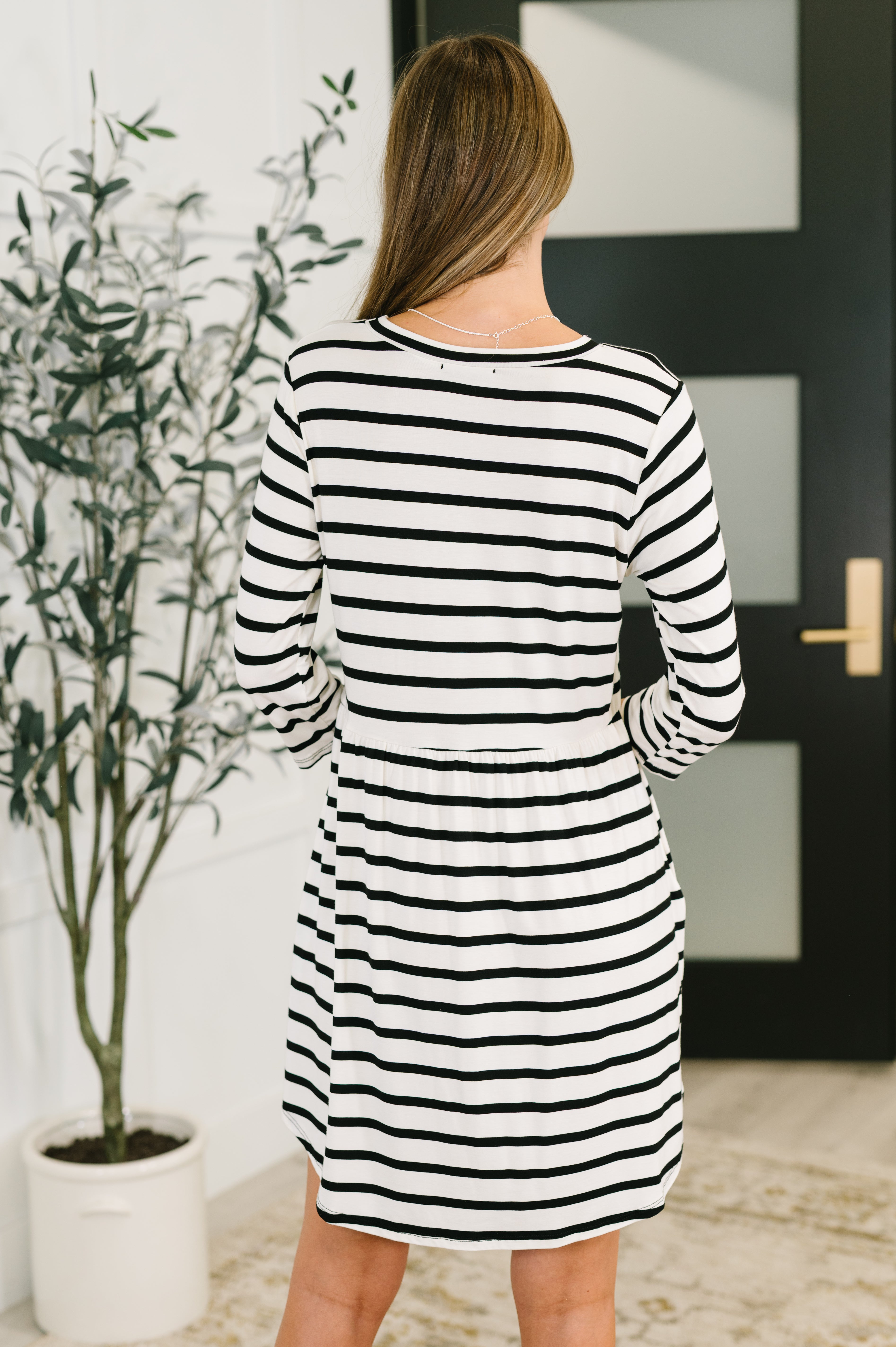 Heimish Haute Mess Scooped Hem Casual Dress in Black and White Striped Womens