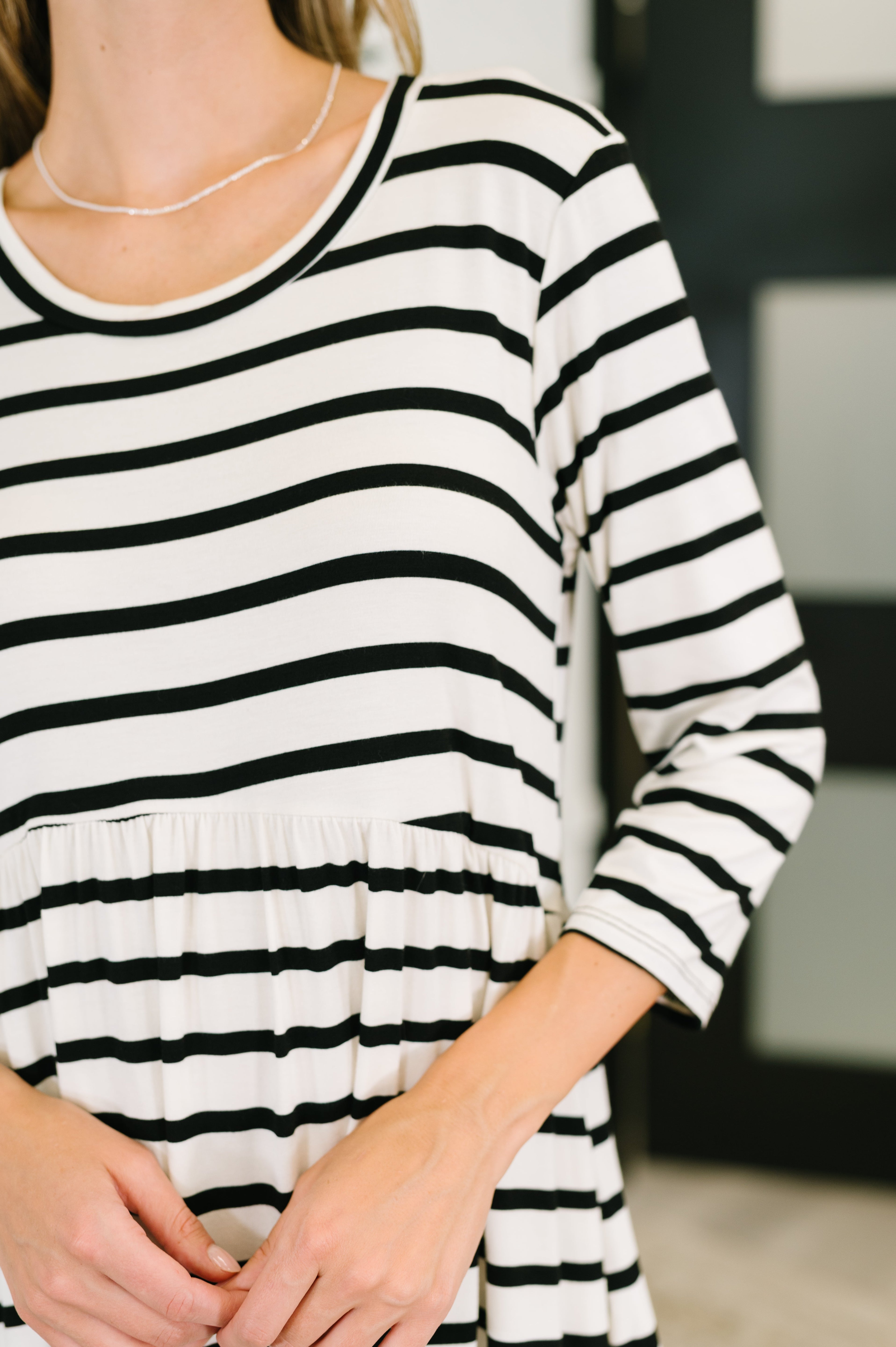 Heimish Haute Mess Scooped Hem Casual Dress in Black and White Striped Womens