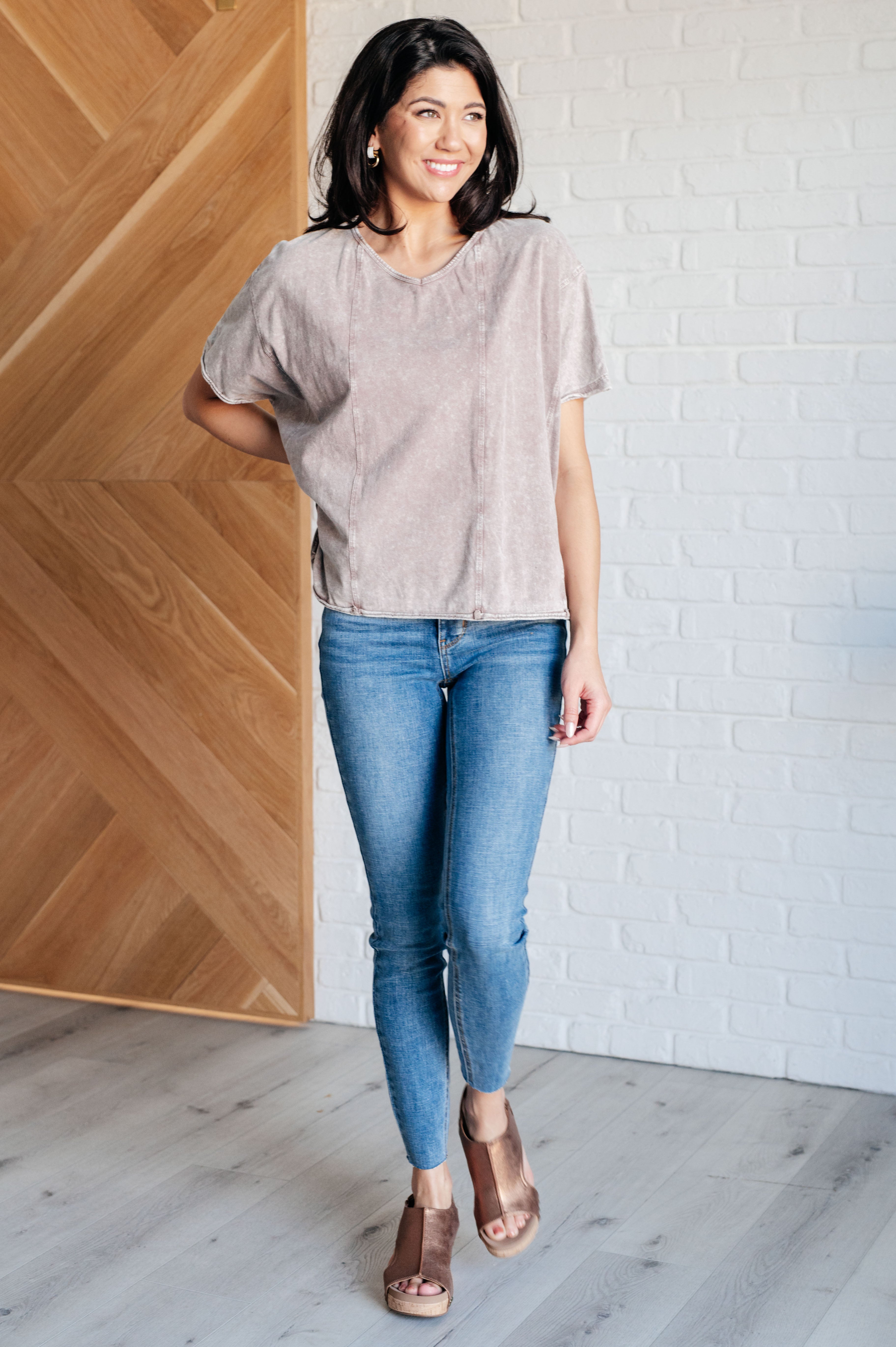 One Eleven North Here for the Vibes Mineral Wash Spliced Tee Tops