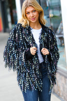 Haptics Dazzling Black & Multicolor Fuzzy Fringe Knit Cardigan Haptics