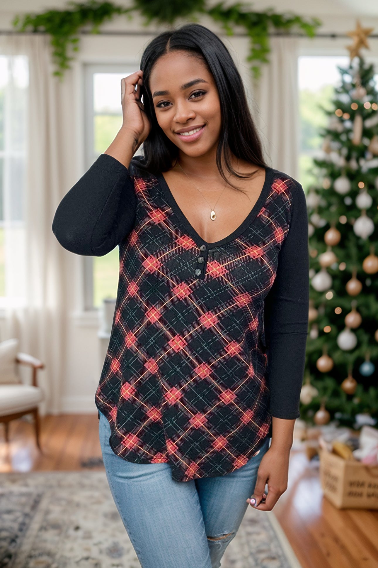 A. Gain Holly Jolly Plaid Pullover BoutiqueSimplified