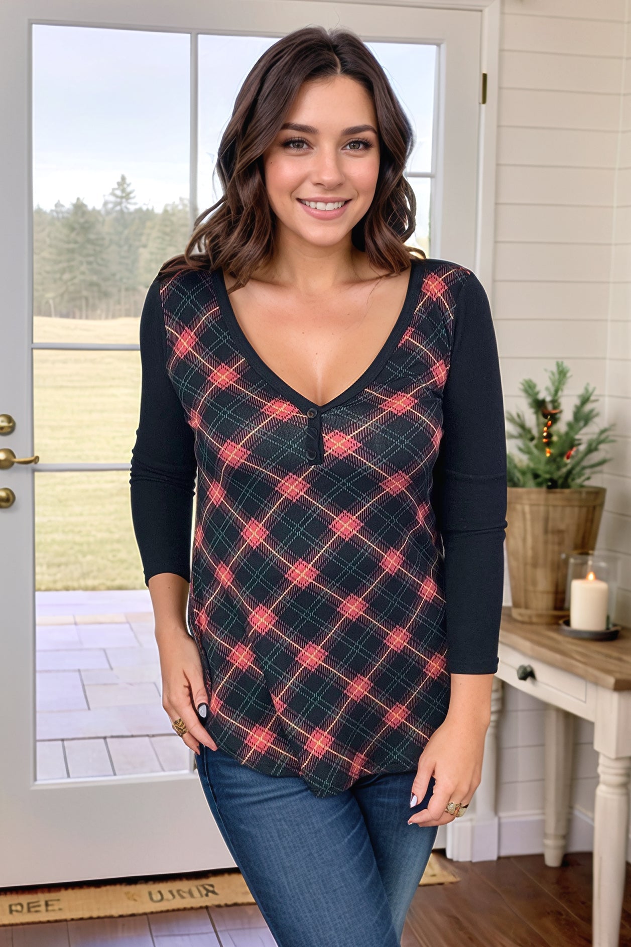 A. Gain Holly Jolly Plaid Pullover BoutiqueSimplified