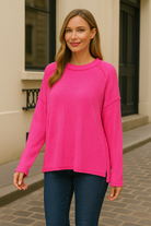 Zenana Hot Pink Exposed Seam Long Sleeve Corded Rib Knit Top