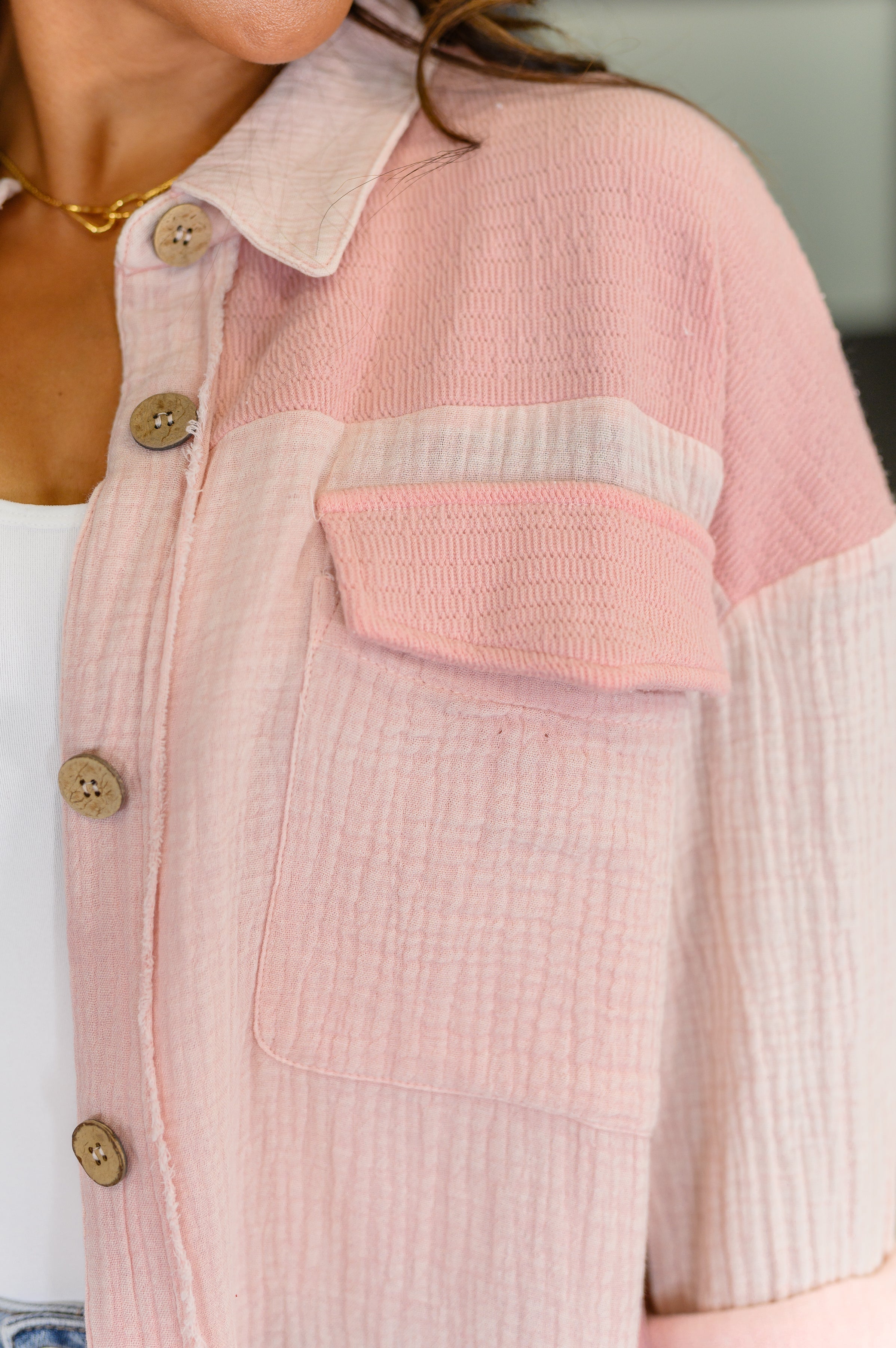 Very J Hot & Unbothered Full Front Button Down Shacket in Pink Womens
