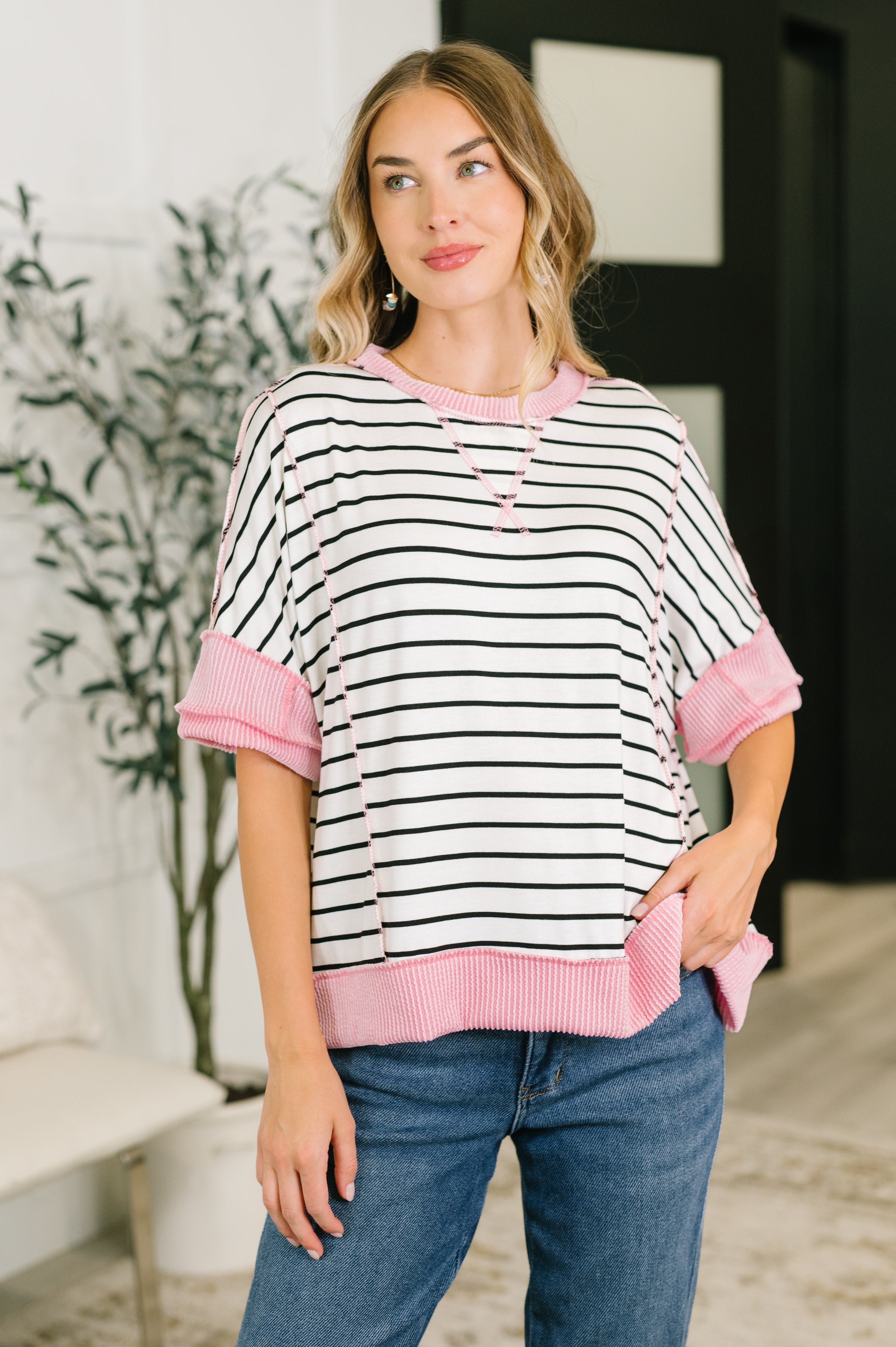 Haptics Human Nature Pink Contrast Detailed Top Womens