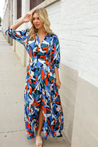 First Love Blue Tropical Print Wrap Around Tie Waist Coverup Maxi