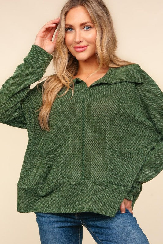 Haptics Easy Living Olive Textured Knit Notch Neck Oversized Collar Sweater Haptics