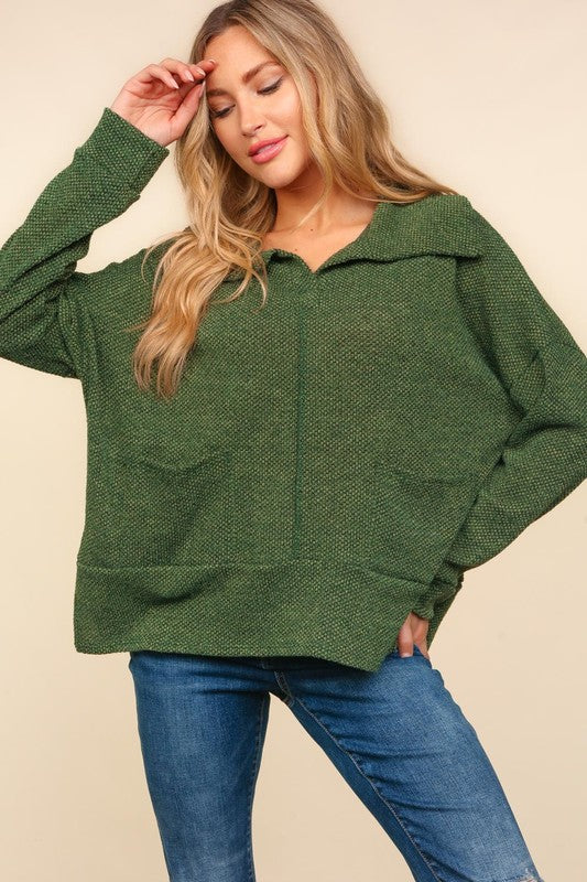 Haptics Easy Living Olive Textured Knit Notch Neck Oversized Collar Sweater Haptics