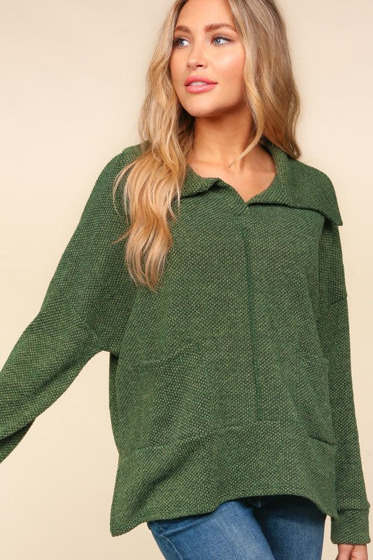 Haptics Easy Living Olive Textured Knit Notch Neck Oversized Collar Sweater Haptics