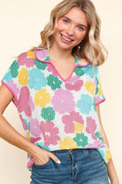 Haptics Multicolor Floral Collar Notch Neck Waffle Knit Top