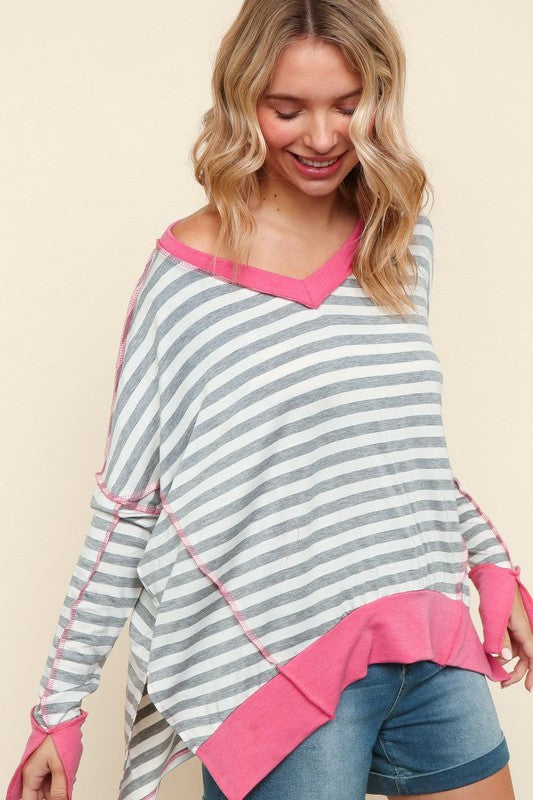 Haptics Heather Grey Stripe Hi-Lo Out Seam Stitch Pullover