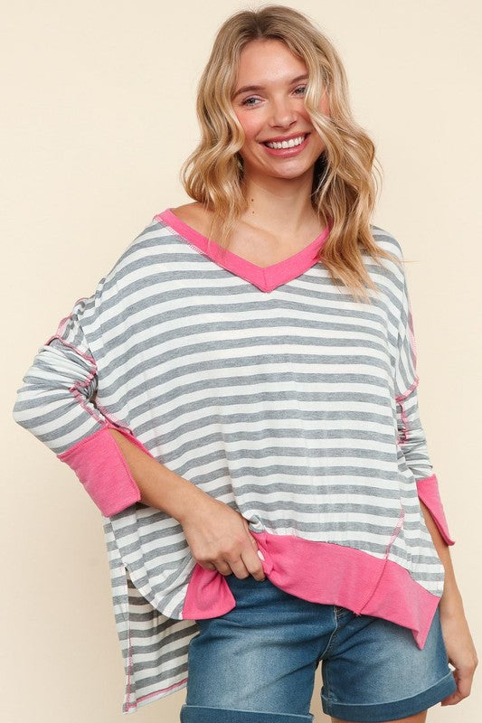 Haptics Heather Grey Stripe Hi-Lo Out Seam Stitch Pullover